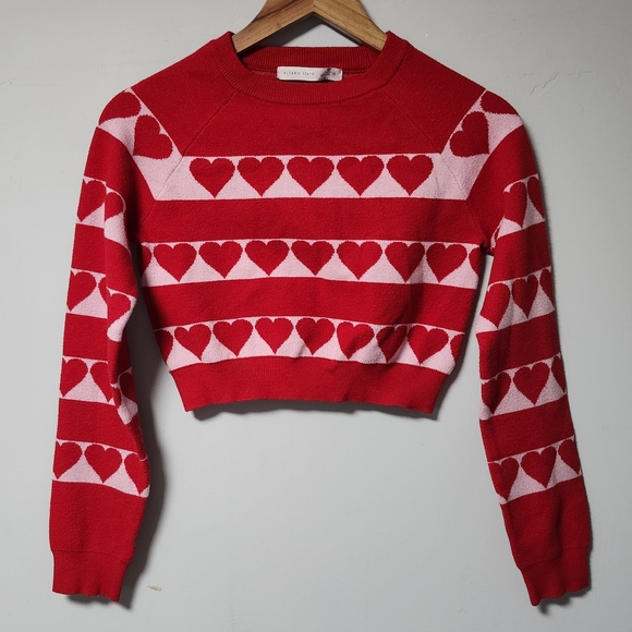 Altar'd State Vibrant Pink Red Heart Crop Long Sleeve Crew Sweater Top XS - Picture 1 of 3